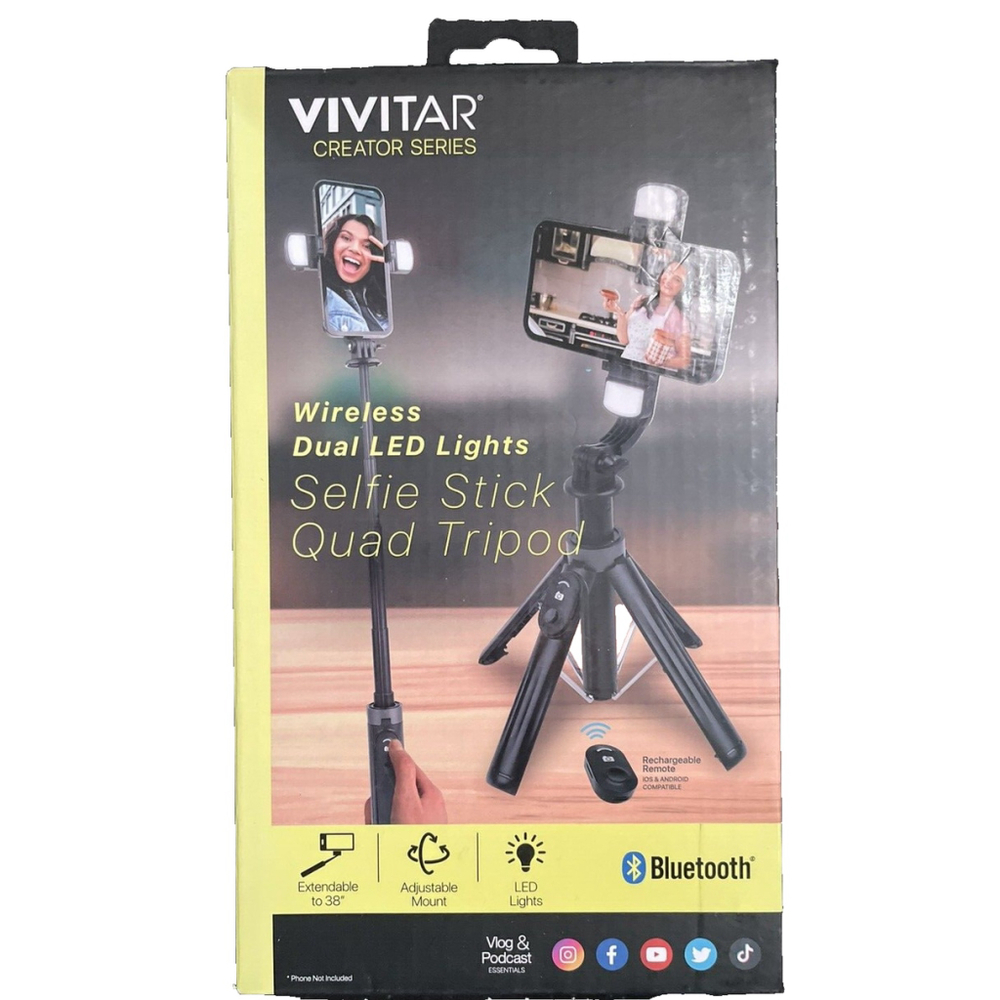 Vivitar Creator Series Wireless Dual LED Light Selfie Stick w/Quad Tripod